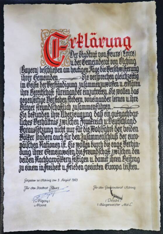 Verschwisterungsurkunde Olching Feurs